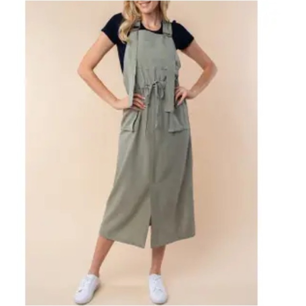1011. Sage Green Overalls Dress with Pockets